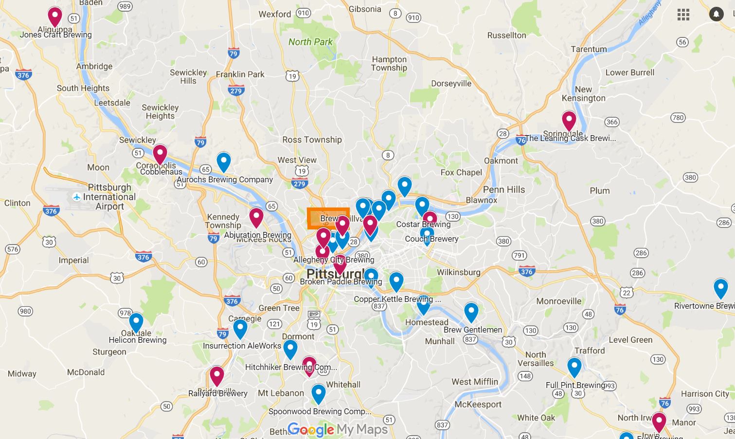 click on the map image to open the interactive map of breweries in Western Pennsylvania